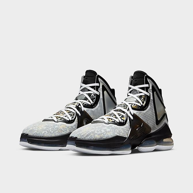 Three Quarter view of Nike LeBron 19 Basketball Shoes in White/Metallic Gold/Black Click to zoom