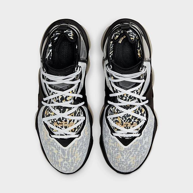 Back view of Nike LeBron 19 Basketball Shoes in White/Metallic Gold/Black Click to zoom