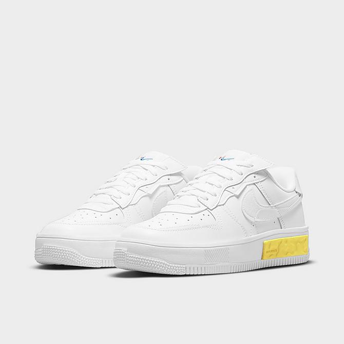 Three Quarter view of Women's Nike Air Force 1 Fontanka Casual Shoes in White/Photon Dust/Opti Yellow/Summit White Click to zoom