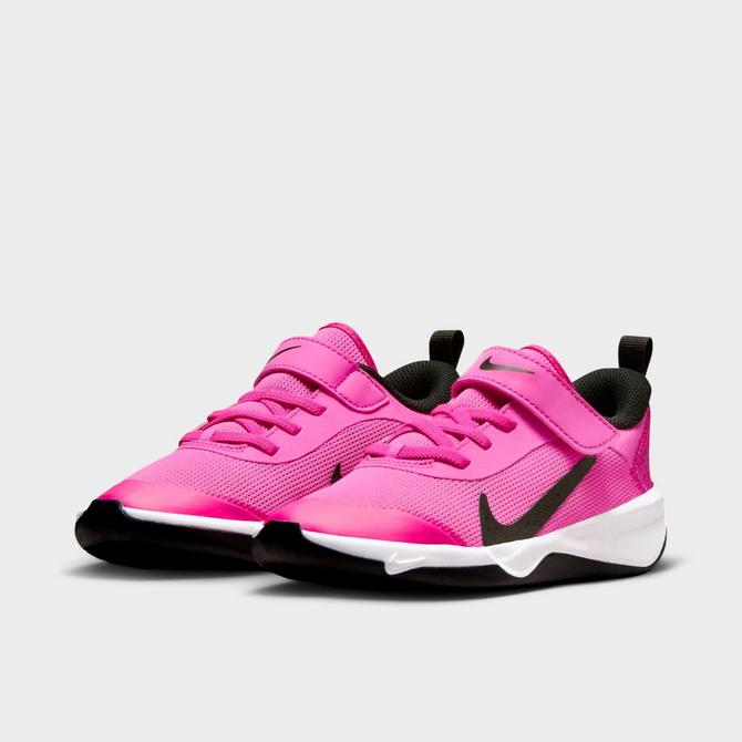 Three Quarter view of Little Kids' Nike Omni Multi-Court Stretch Lace Casual Shoes in Laser Fuchsia/White/Black Click to zoom