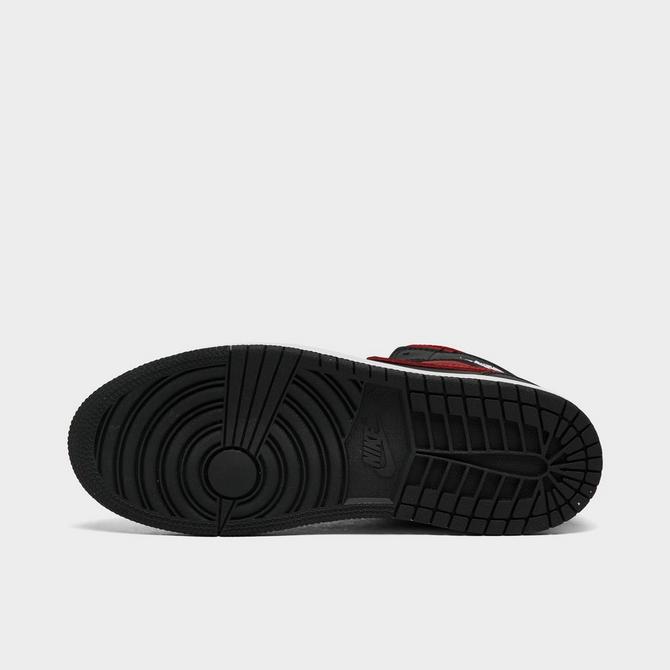 Bottom view of Little Kids' Air Jordan Retro 1 Mid Casual Shoes in Black/Summit White/Varsity Red Click to zoom