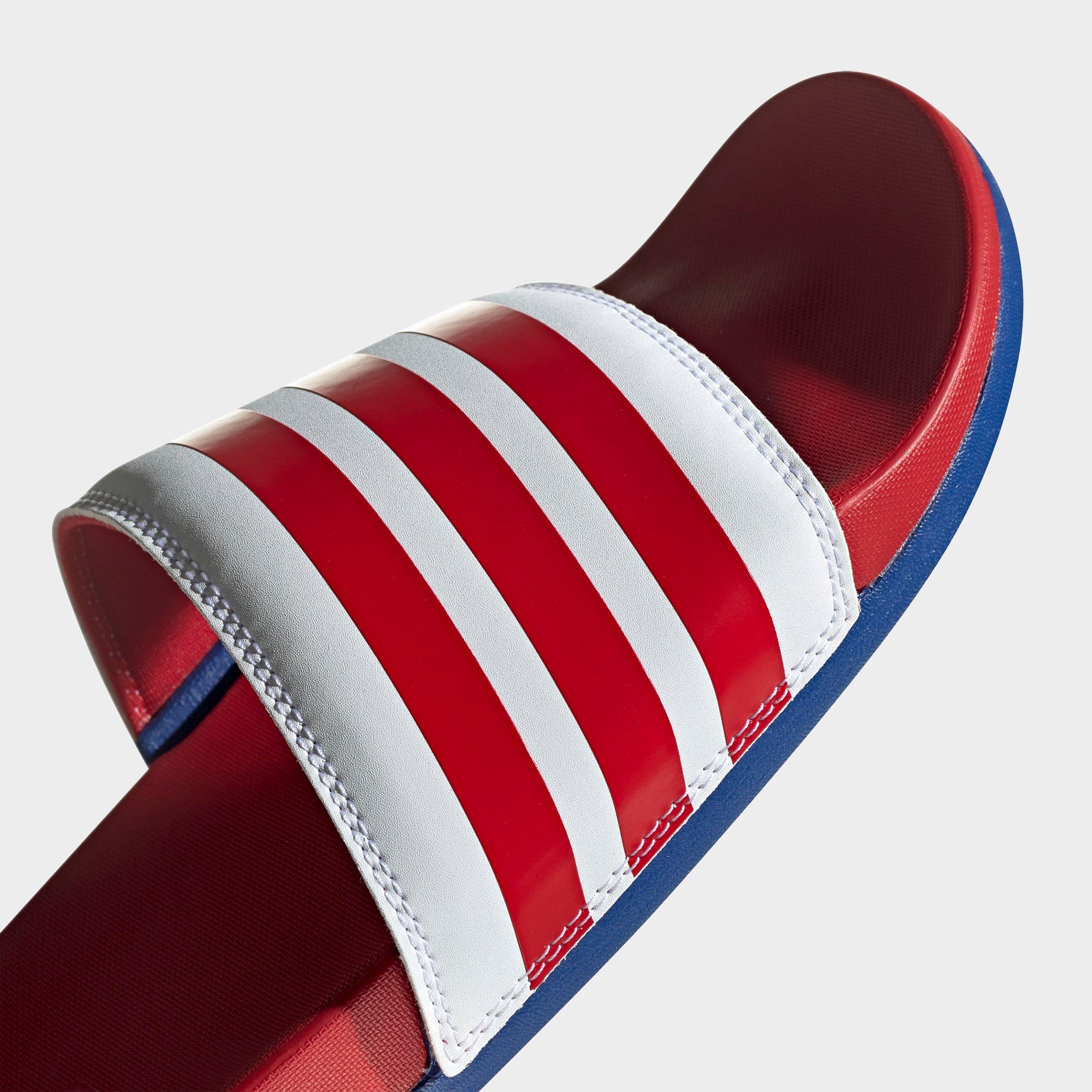 red white and blue adidas slides