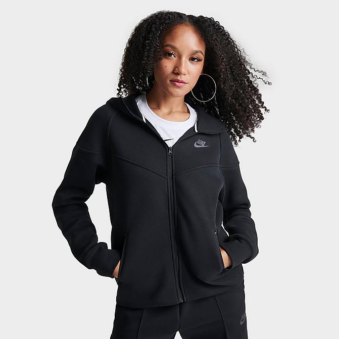 Front view of Women's Nike Sportswear Tech Fleece Windrunner Full-Zip Hoodie in Black/Black Click to zoom