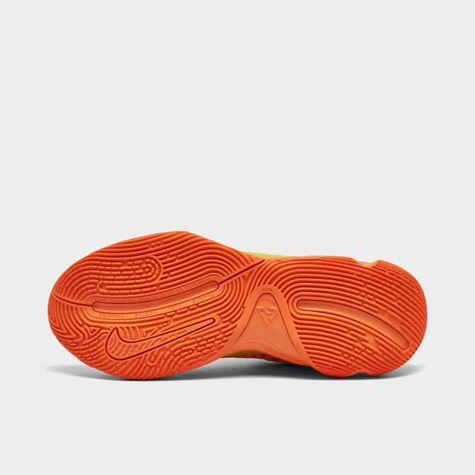 Bottom view of Nike Giannis Immortality 4 Basketball Shoes in Cyber/Sundial/Lightning/Bright Mandarin Click to zoom