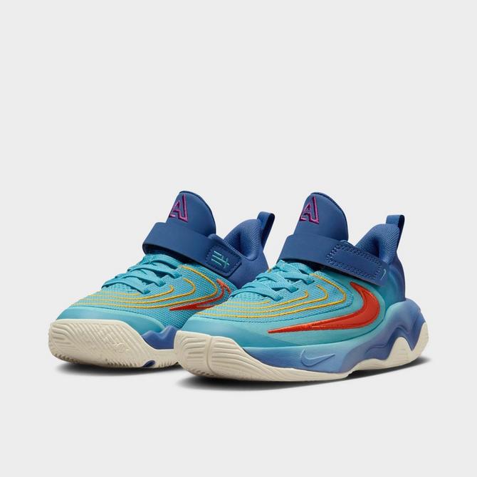 Three Quarter view of Little Kids' Nike Giannis Immortality 4 Stretch Lace Basketball Shoes in Denim Turquoise/Mystic Navy/University Gold/Cosmic Clay Click to zoom