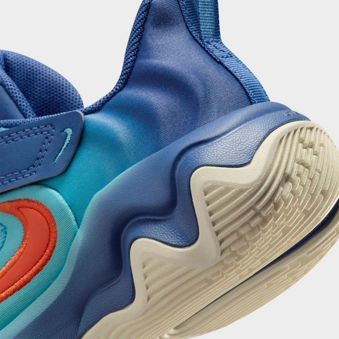 Front view of Little Kids' Nike Giannis Immortality 4 Stretch Lace Basketball Shoes in Denim Turquoise/Mystic Navy/University Gold/Cosmic Clay Click to zoom