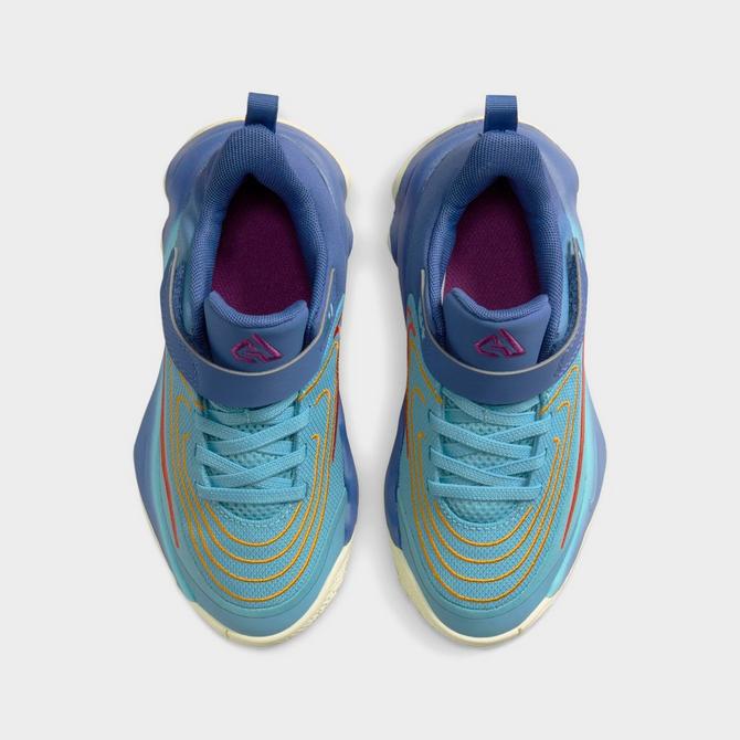 Back view of Little Kids' Nike Giannis Immortality 4 Stretch Lace Basketball Shoes in Denim Turquoise/Mystic Navy/University Gold/Cosmic Clay Click to zoom