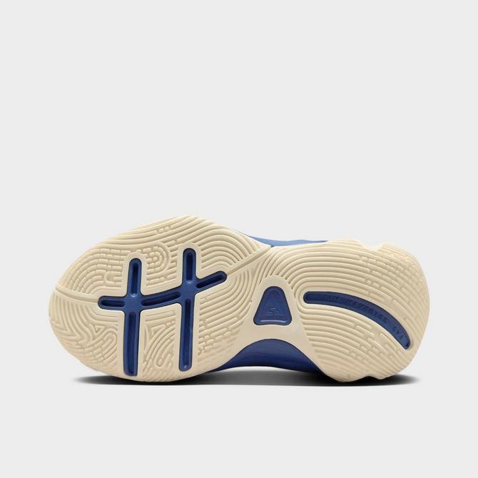 Bottom view of Little Kids' Nike Giannis Immortality 4 Stretch Lace Basketball Shoes in Denim Turquoise/Mystic Navy/University Gold/Cosmic Clay Click to zoom