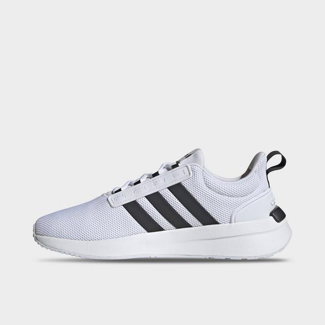 White adidas running shoes with hot sale black stripes