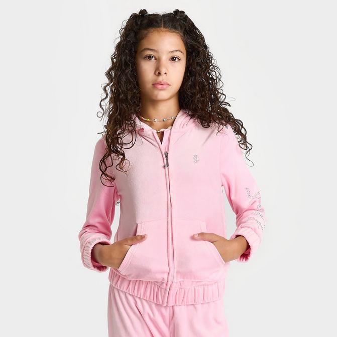 Juicy Couture Girls Embossed Velour Funnel Zip Through Hoodie