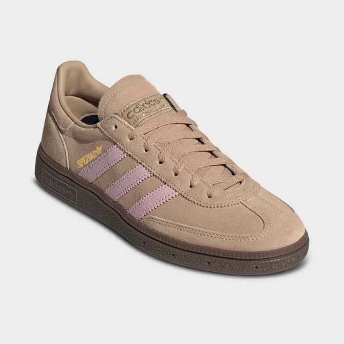 Three Quarter view of Women's adidas Originals Handball Spezial Casual Shoes in Warm Sandstone/Clear Pink/Gum Click to zoom