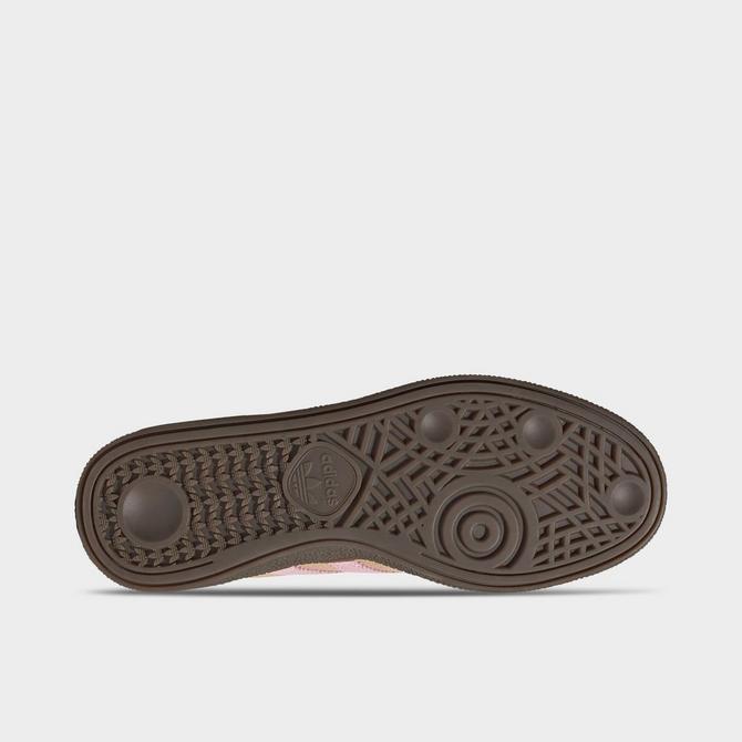 Bottom view of Women's adidas Originals Handball Spezial Casual Shoes in Warm Sandstone/Clear Pink/Gum Click to zoom