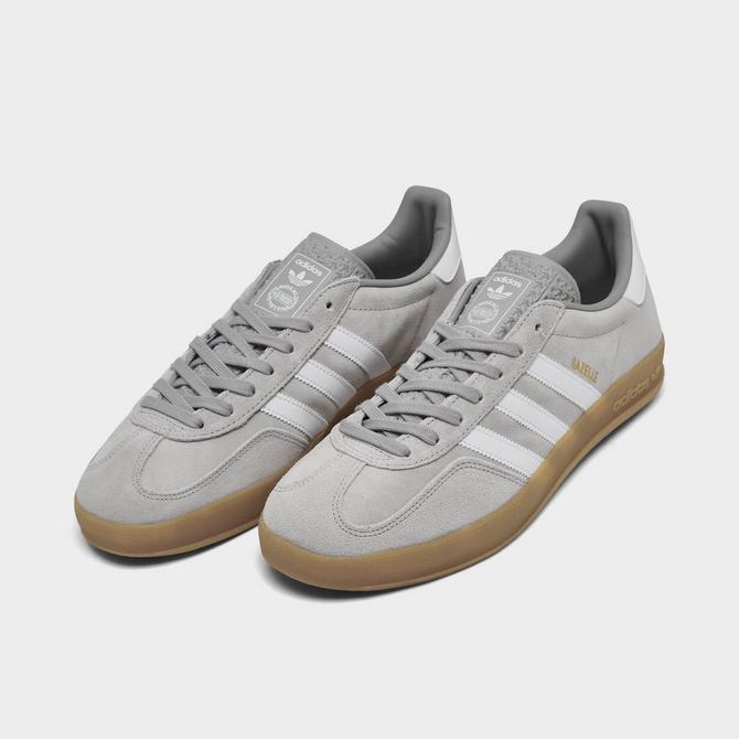 Three Quarter view of Men's adidas Originals Gazelle Indoor Casual Shoes in Grey/Cloud White/Gold Metallic/Gum Click to zoom