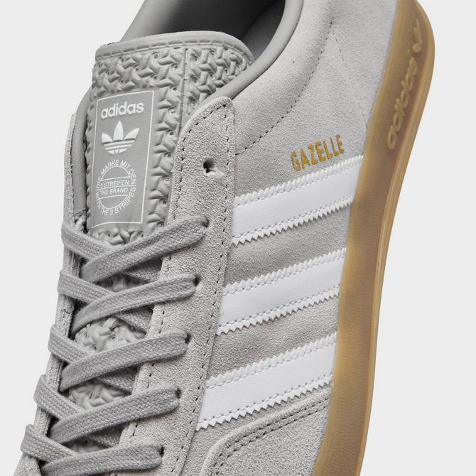 Front view of Men's adidas Originals Gazelle Indoor Casual Shoes in Grey/Cloud White/Gold Metallic/Gum Click to zoom