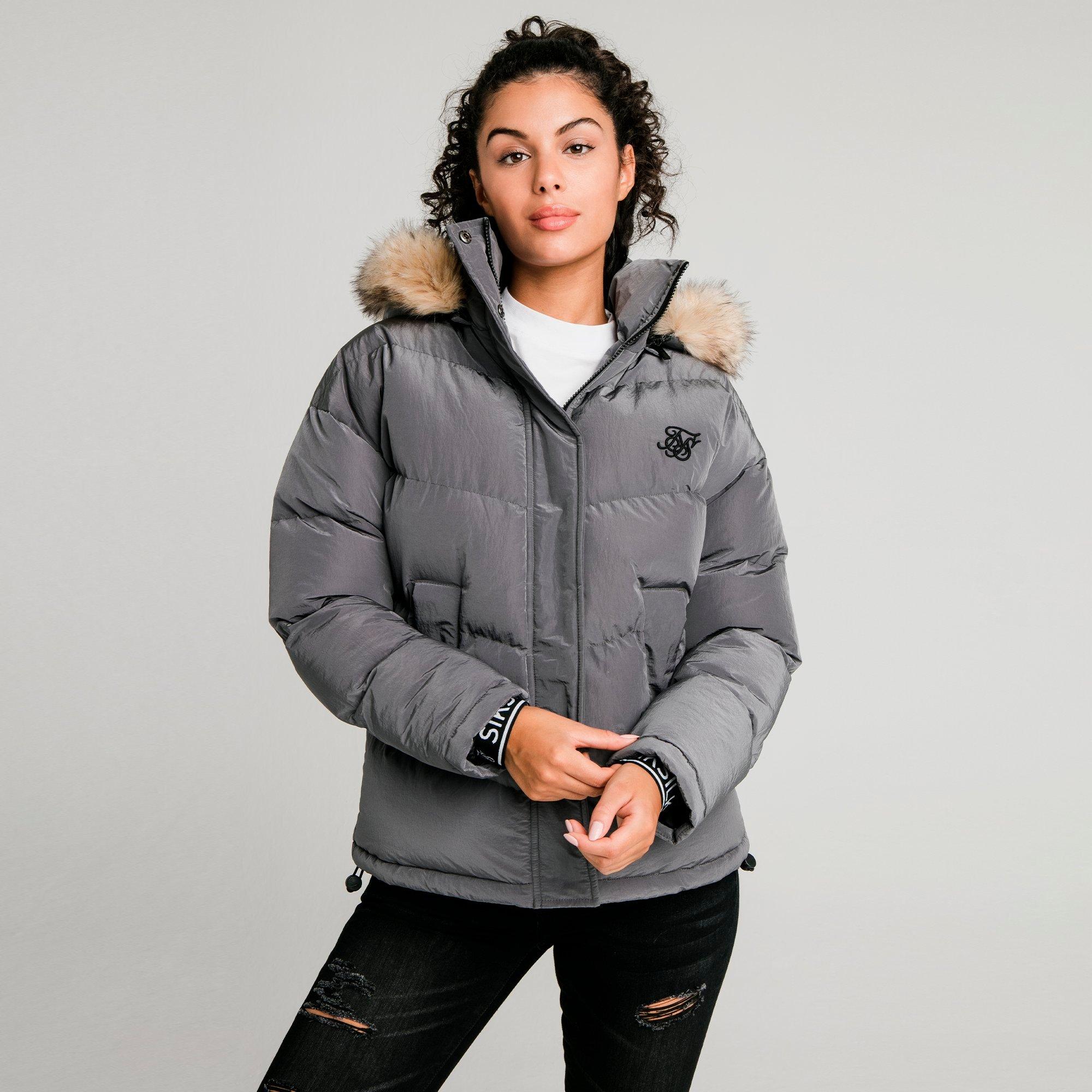 siksilk parka jacket with faux fur hood