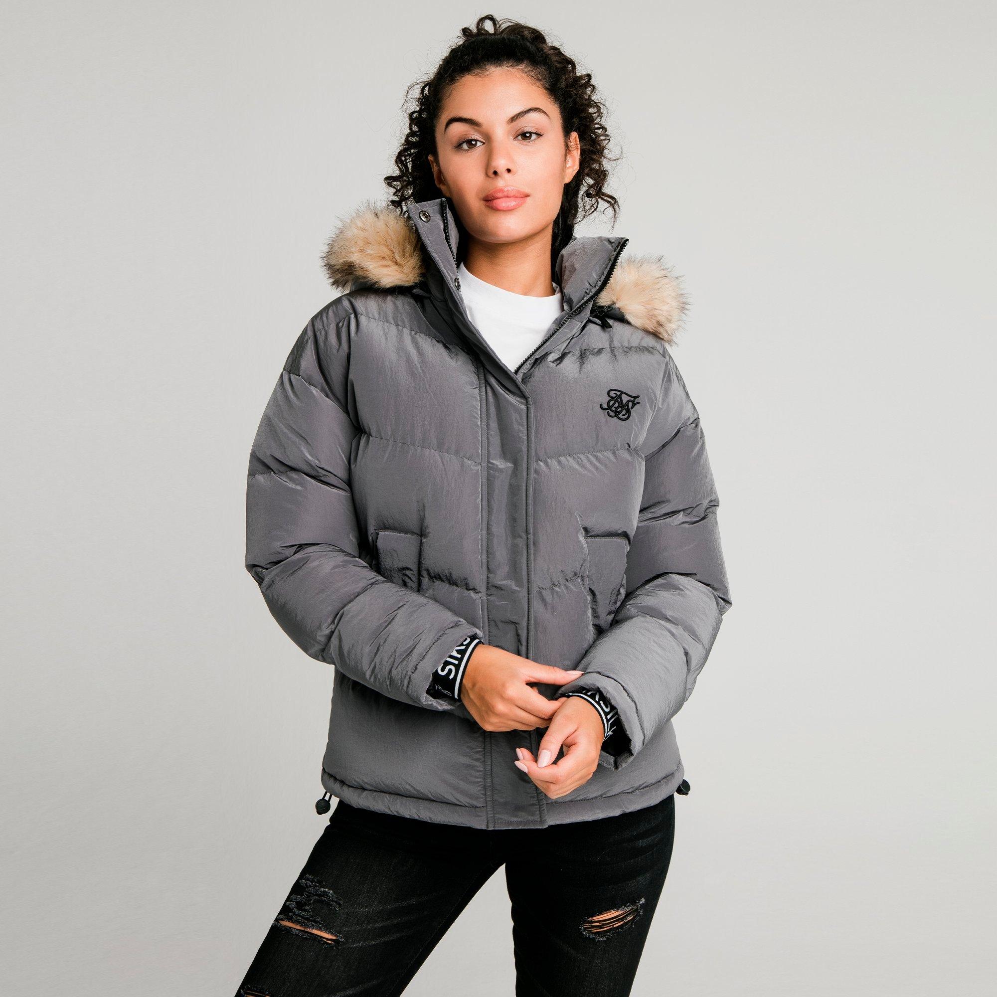 siksilk puffer jacket with faux fur hood