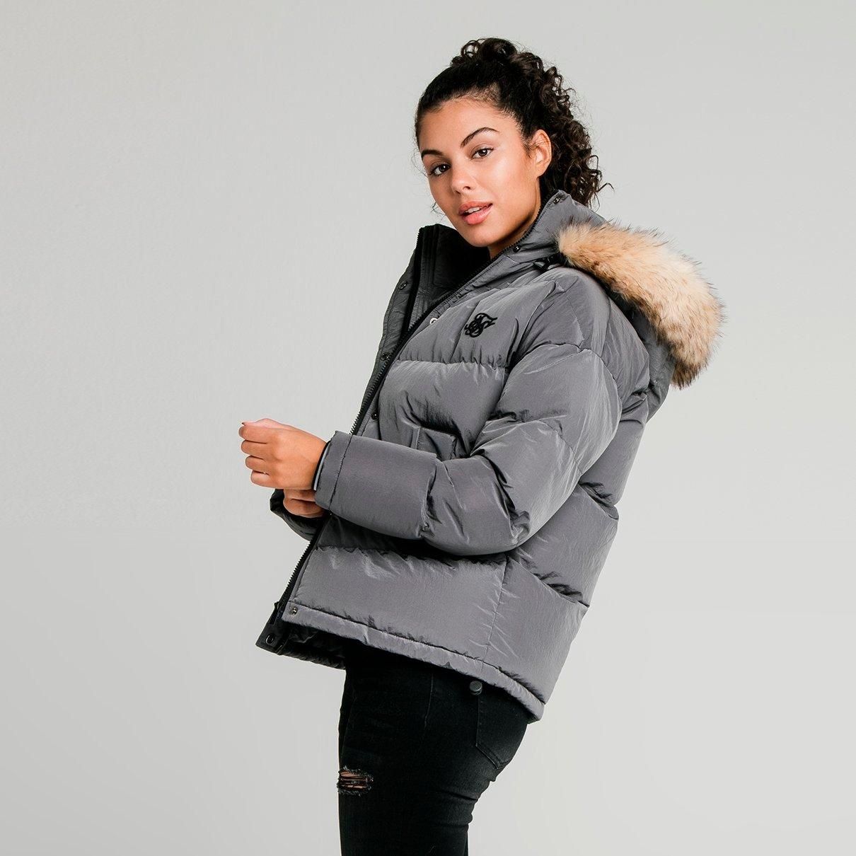 siksilk parka jacket with faux fur hood in black