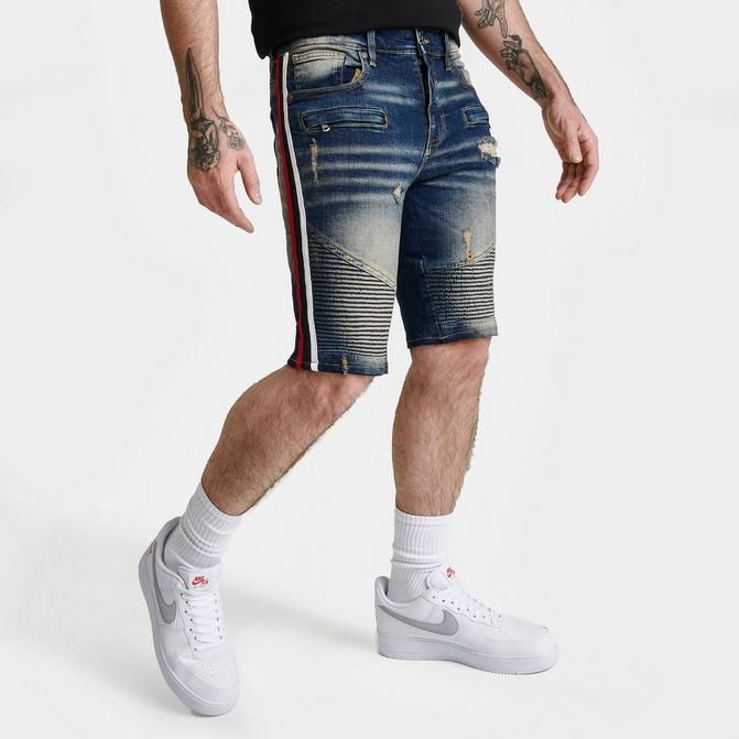 Jean shorts with store red stripe on side