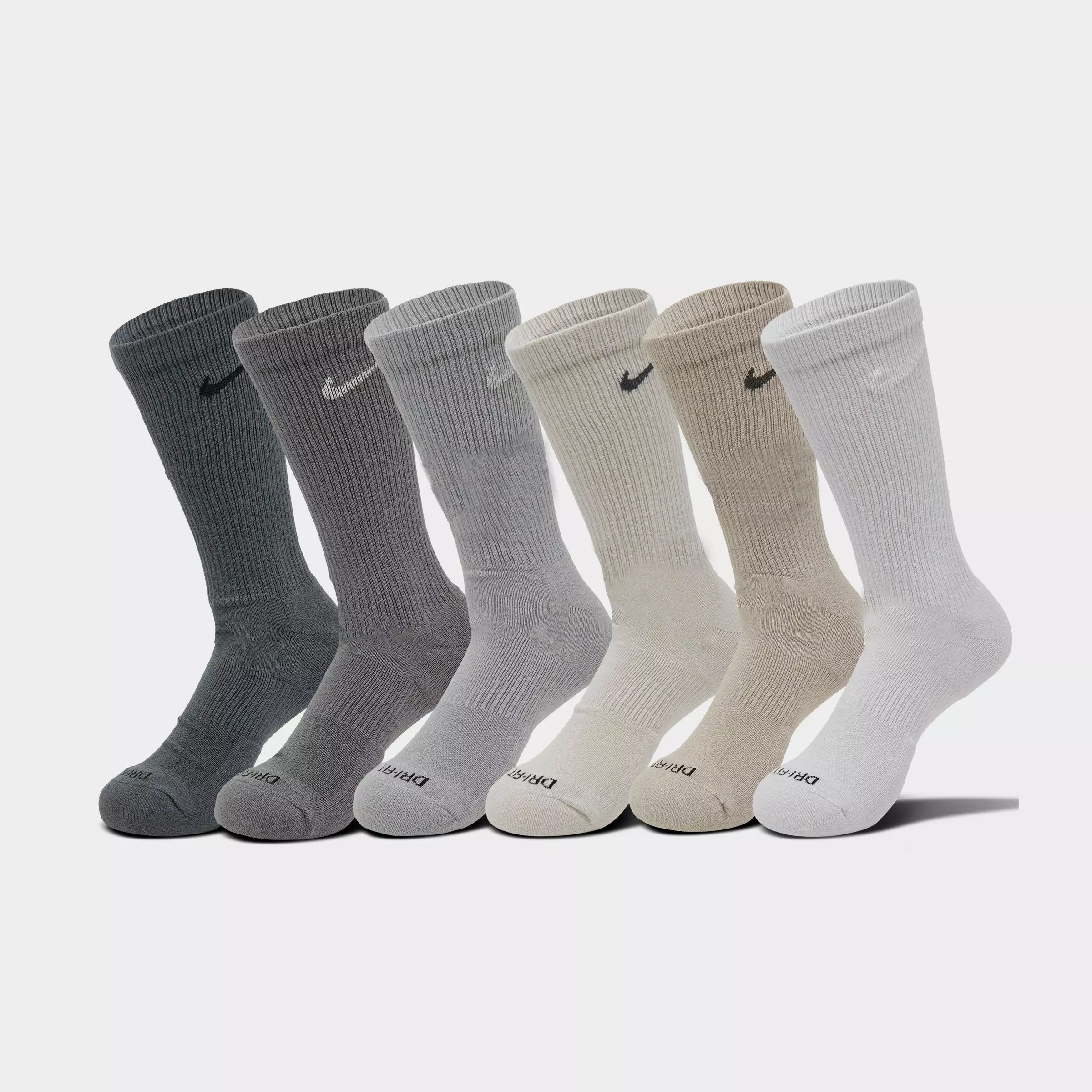 Men's Nike Everyday Plus Cushioned Crew Training Socks in white. Pack of ribbed athletic socks featuring the iconic Nike black swoosh.