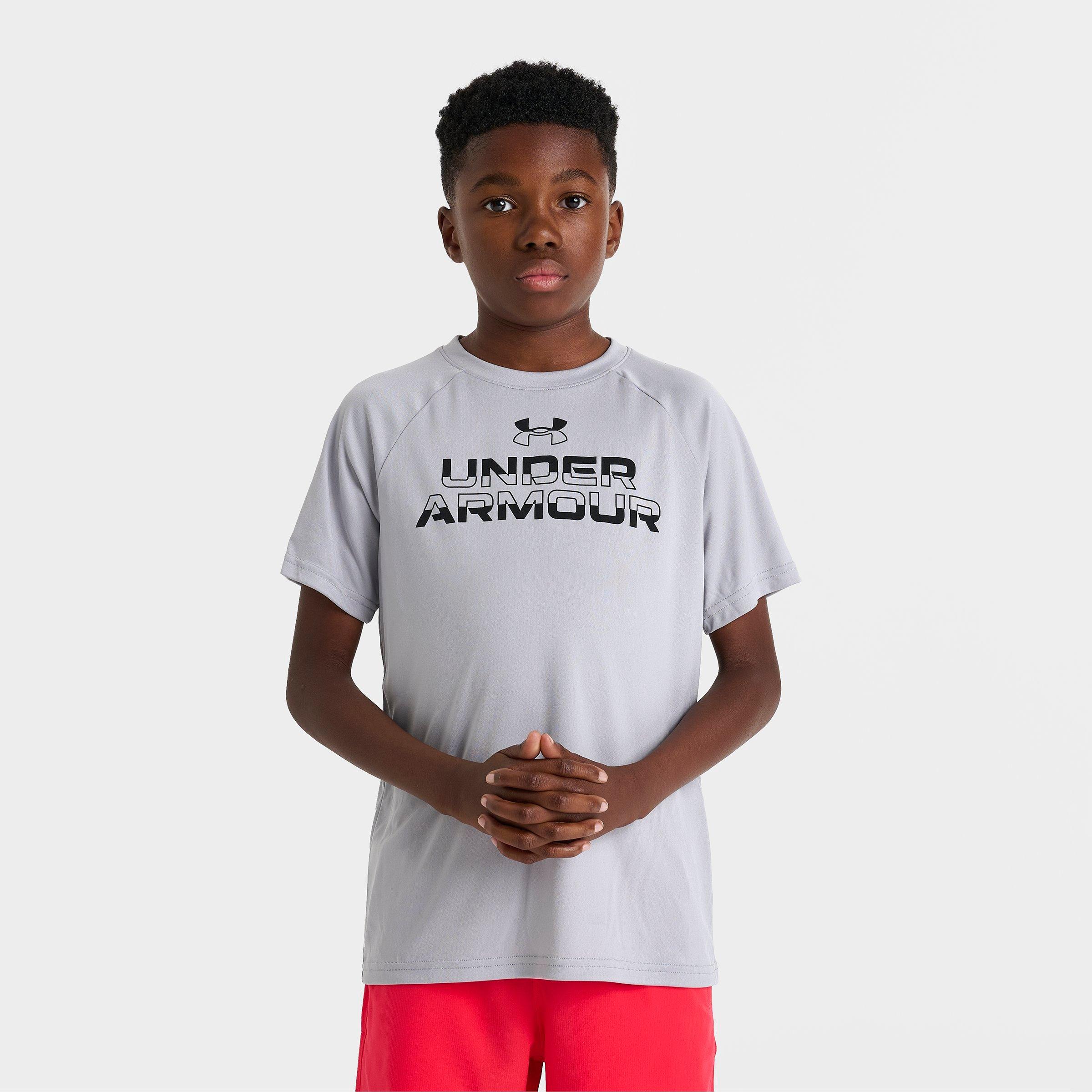 Under Armour Boys Tech Split Wordmark T-Shirt in MOD GRAY Size: Medium
