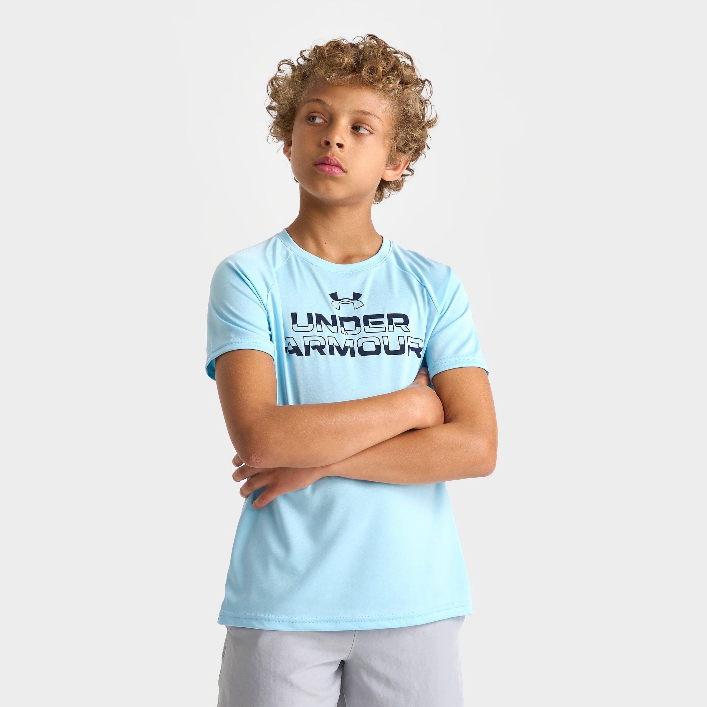 Under Armour Boys Tech Split Wordmark T-Shirt in Horizon Blue/Black Size: Small