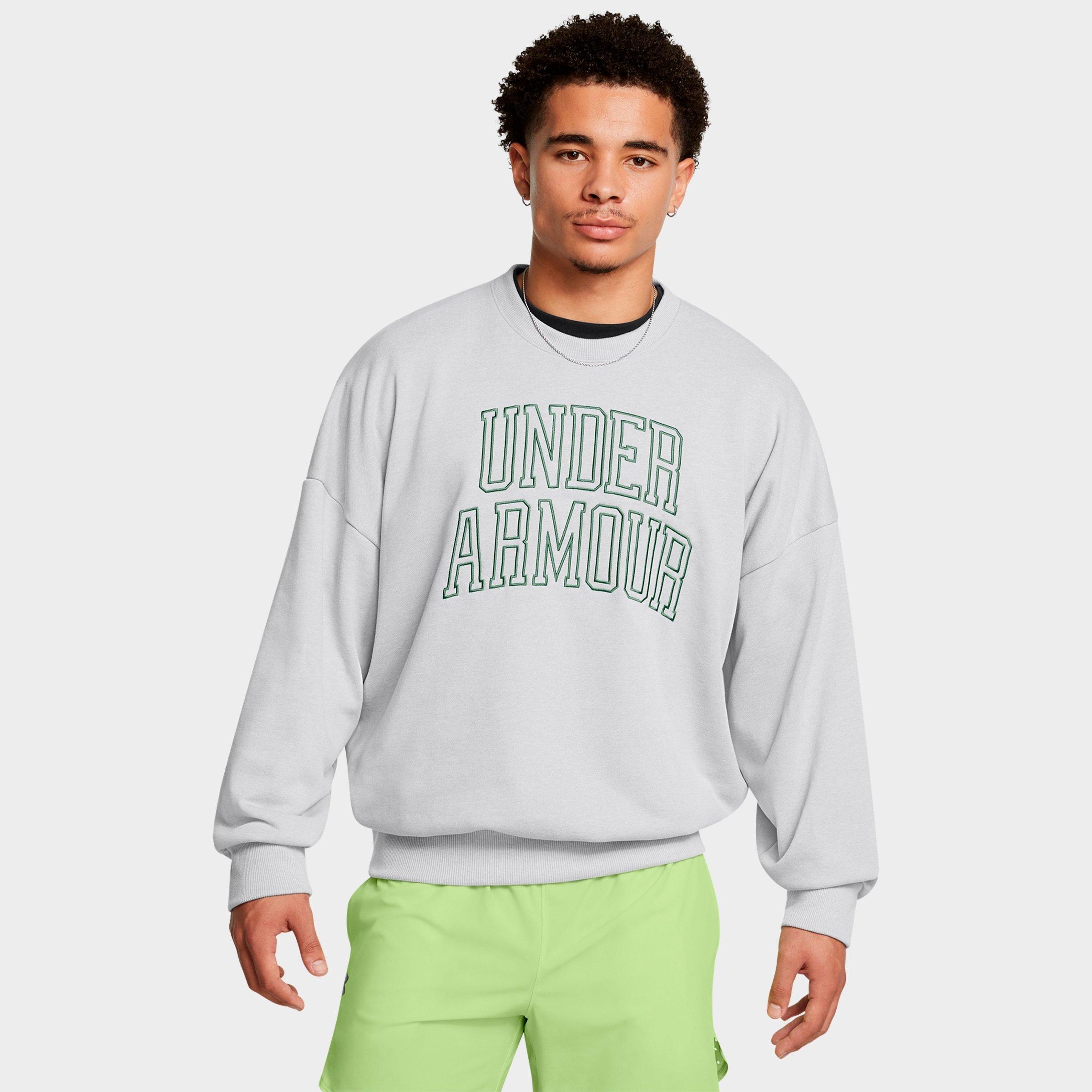 Under Armour Men's UA Icon Heavyweight Terry Oversized Crew Sweatshirt in Mod Grey Light Heather/Forest Green Size: Medium