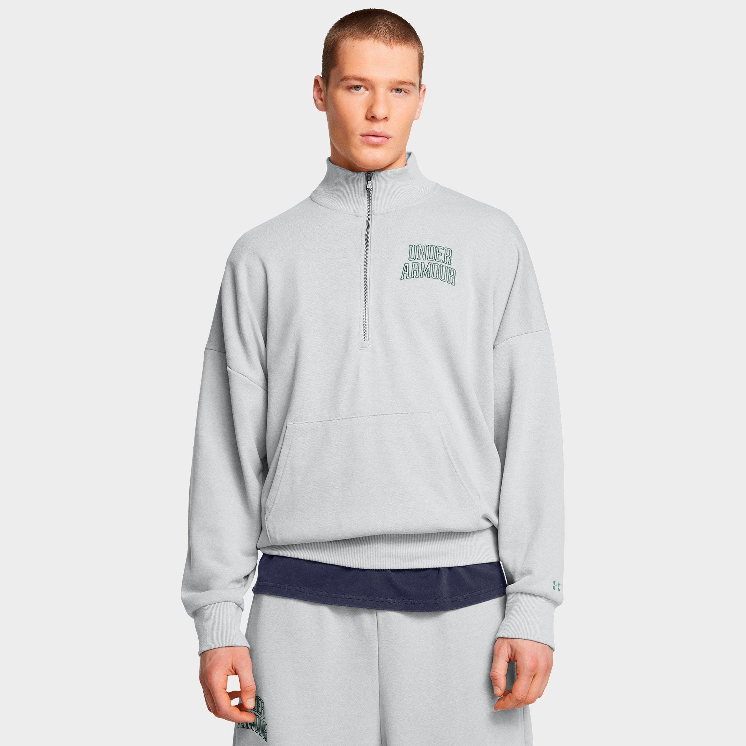 Under Armour Men's UA Icon Heavyweight Terry Oversized Half-Zip Top in Mod Grey Light Heather/Forest Green Size: Small
