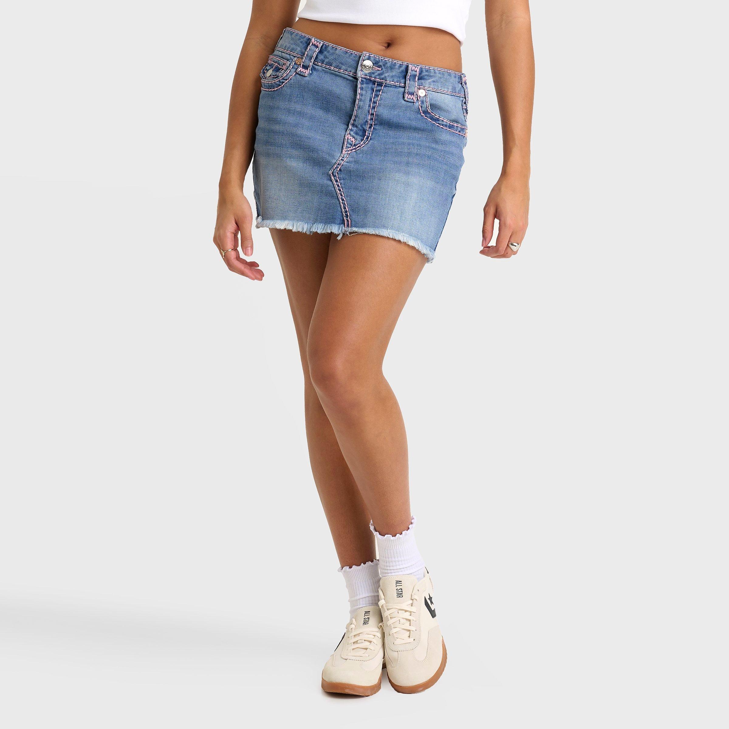 True Religion Women's Sadie Super T Mini Skirt in Denim/Pink Size: 24