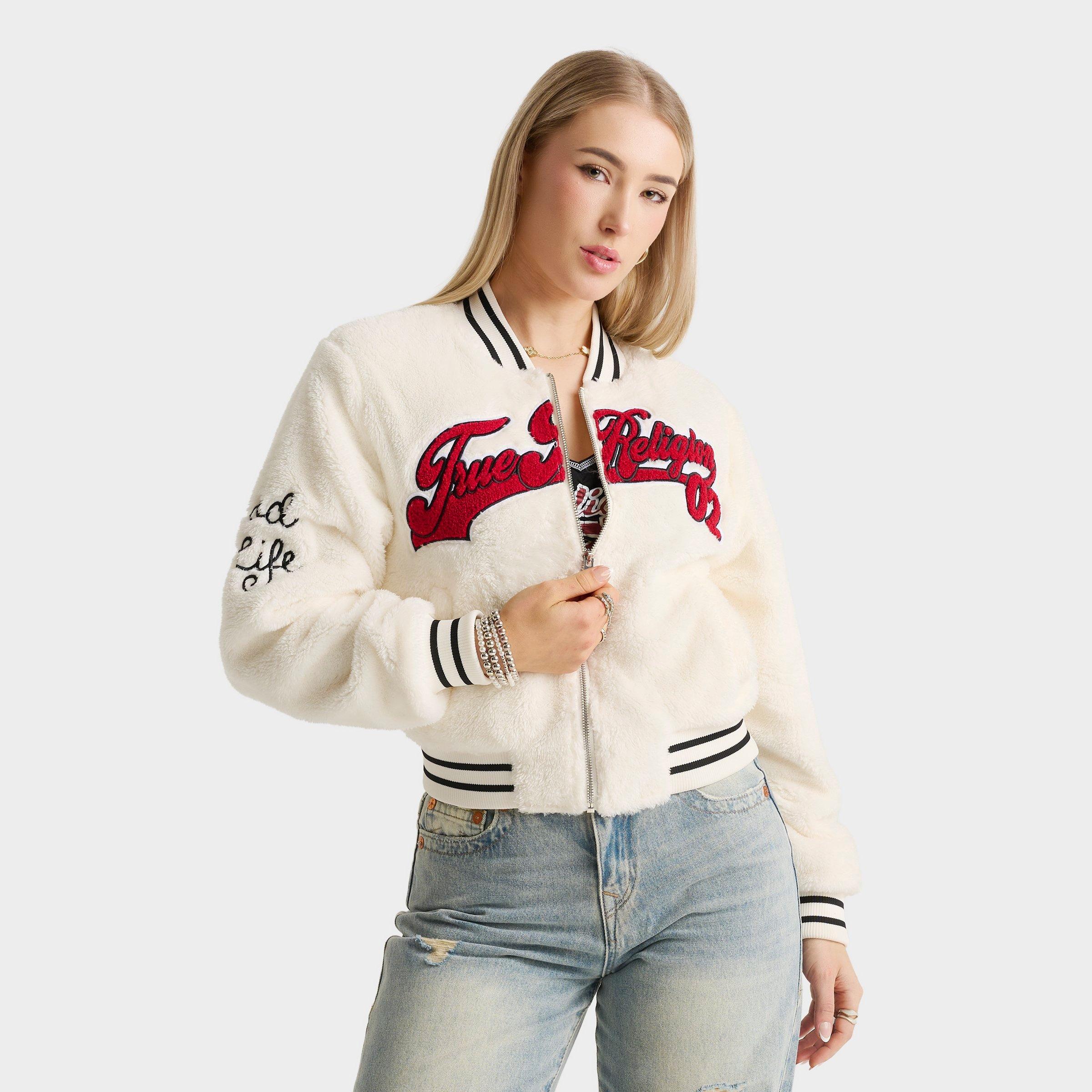 True Religion Women's Varsity Chenille Bomber Jacket in Cream Size: XS