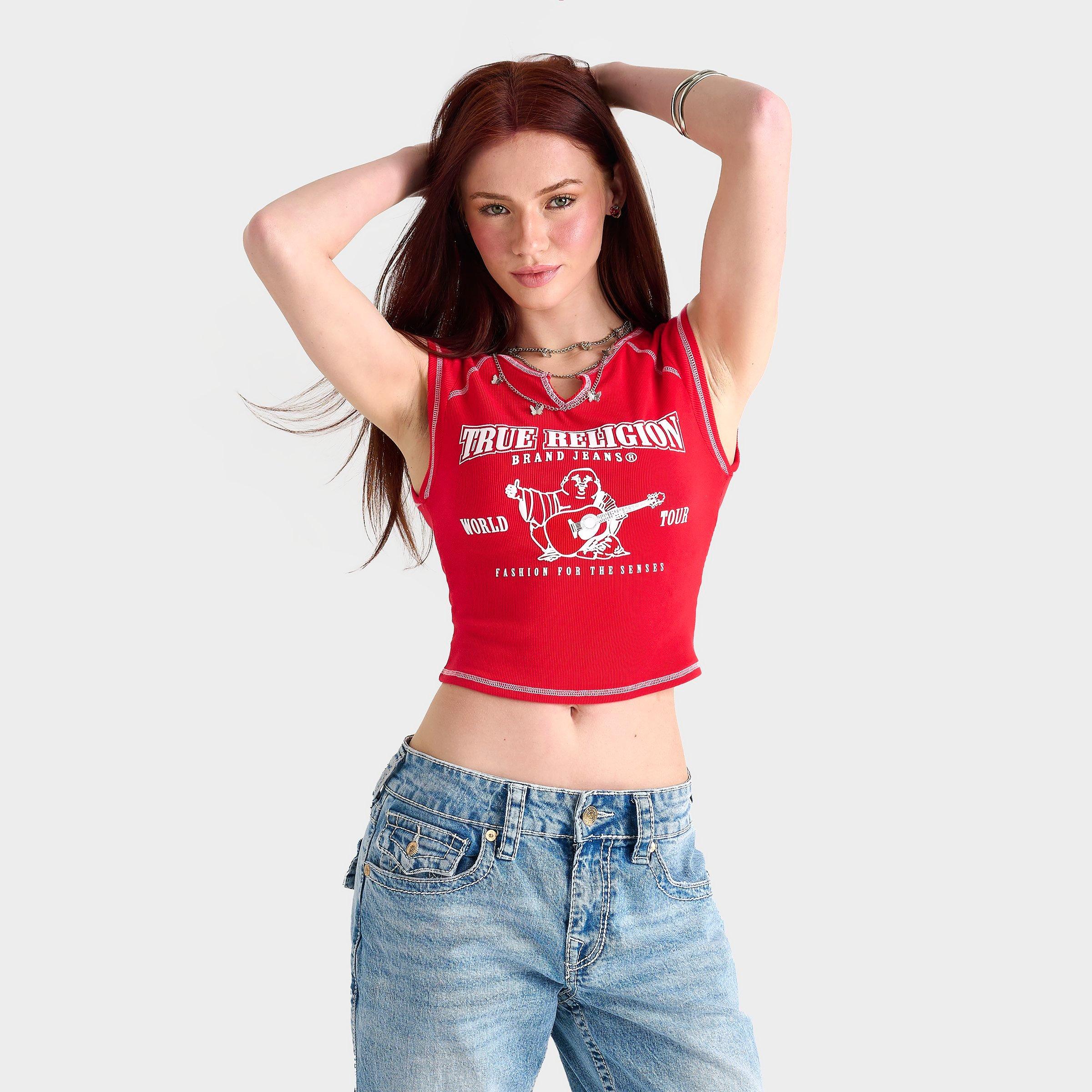 True Religion Women's Buddha World Tour Rib Notch Baby T-Shirt in Scarlet Size: XS