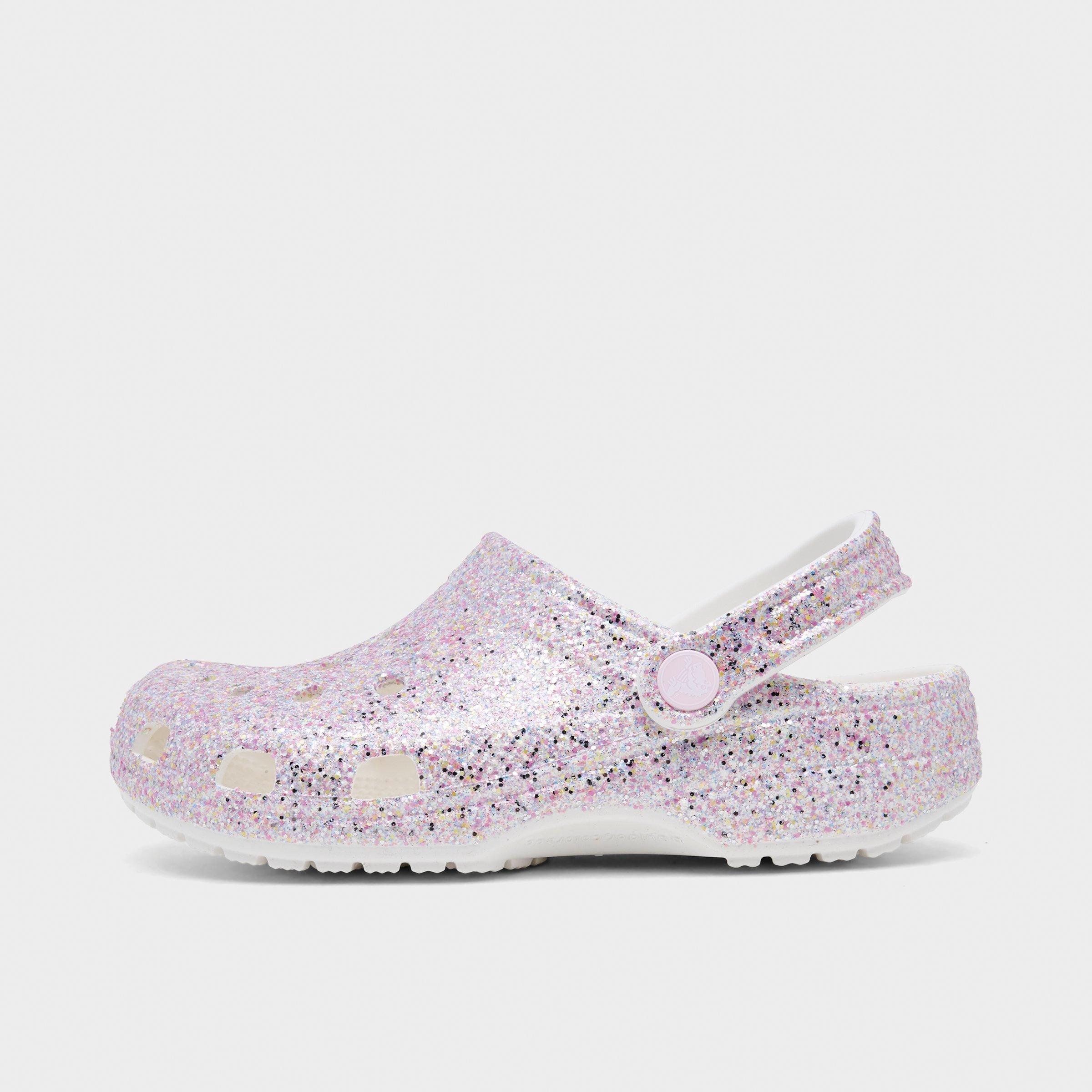 Crocs Girls Big Kids Glitter Classic Clog Shoes in White Glitter Size: 5.0