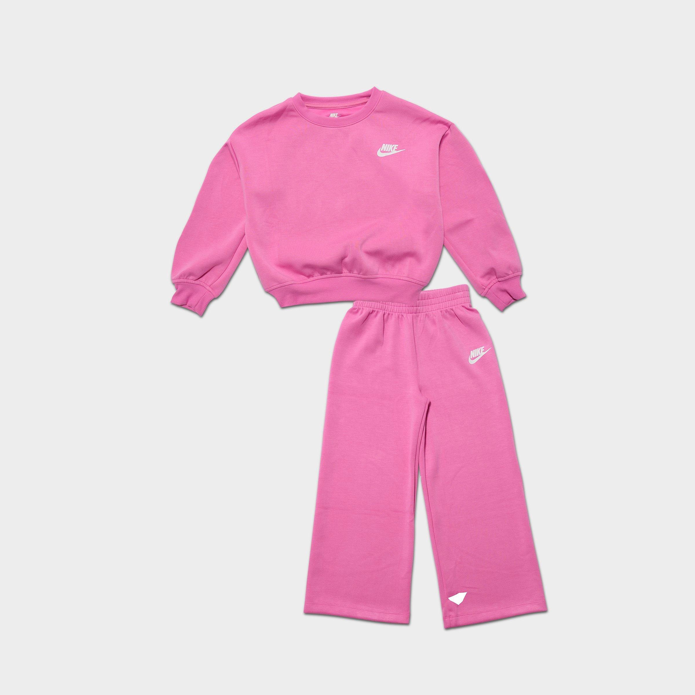 Nike Girls Little Kids Crewneck Sweatshirt and Wide Leg Sweatpants Set in Playful Pink Size: 5