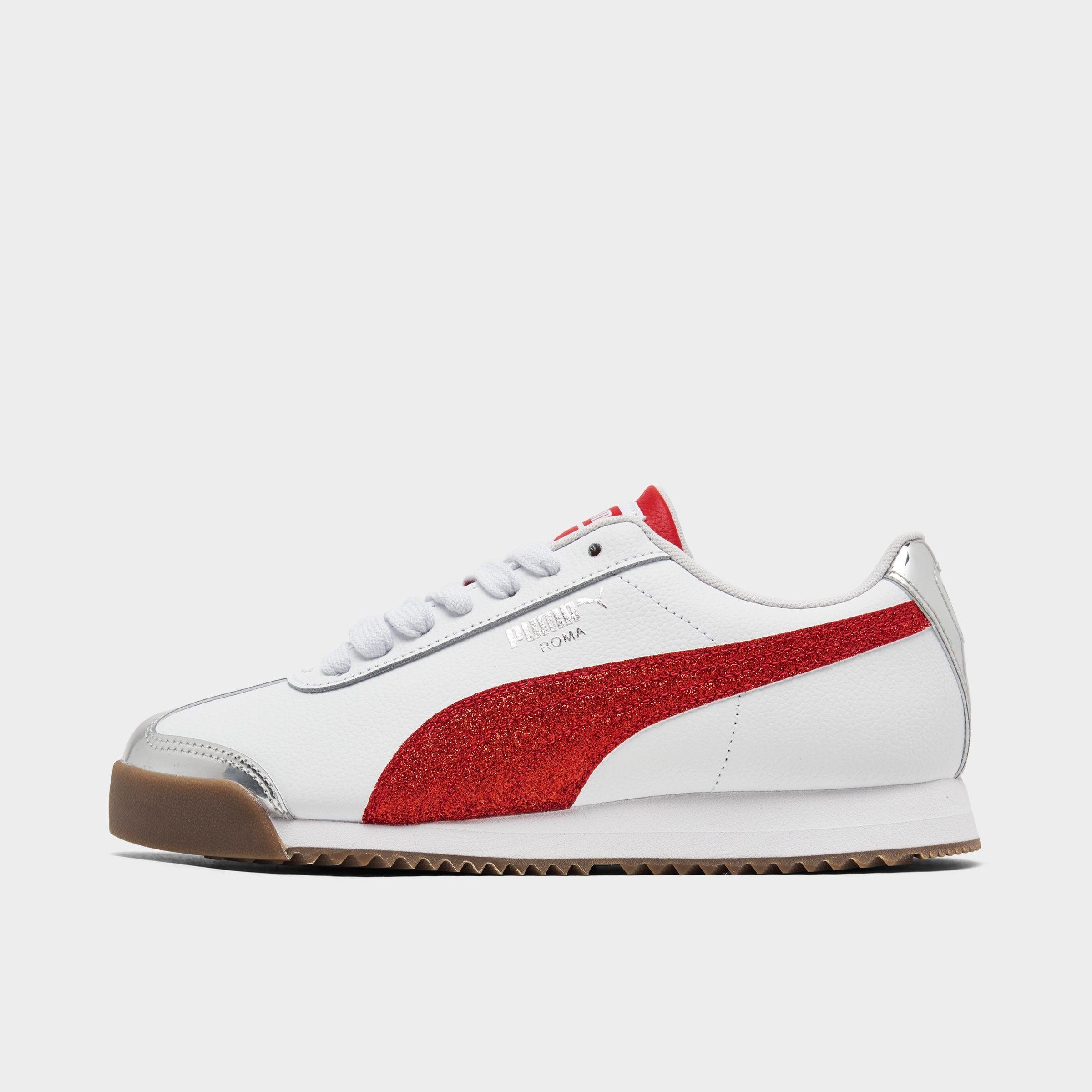 PUMA Girls Big Kids Roma 24 Holiday Glitz Casual Shoes in Puma White/For All Time Red/Puma Silver Size: 4.0