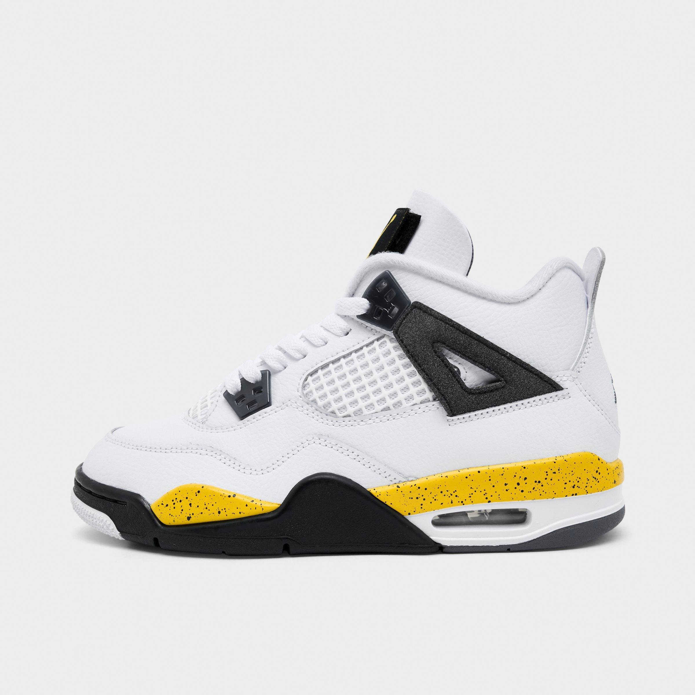 Jordan Big Kids Air Retro 4 Basketball Shoes in White/Dark Blue Grey/Black Size: 7.0