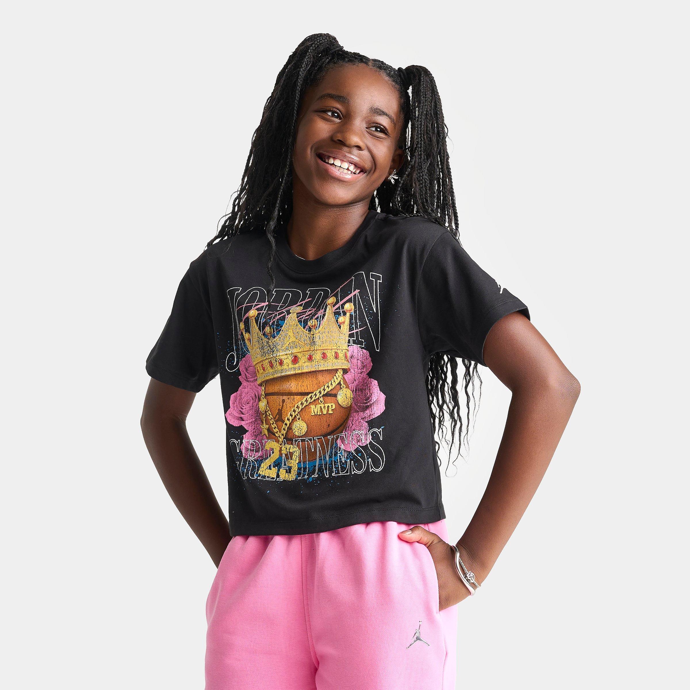 Jordan Girls Big Kids Greatness Crown Cropped T-Shirt in Black Size: XL
