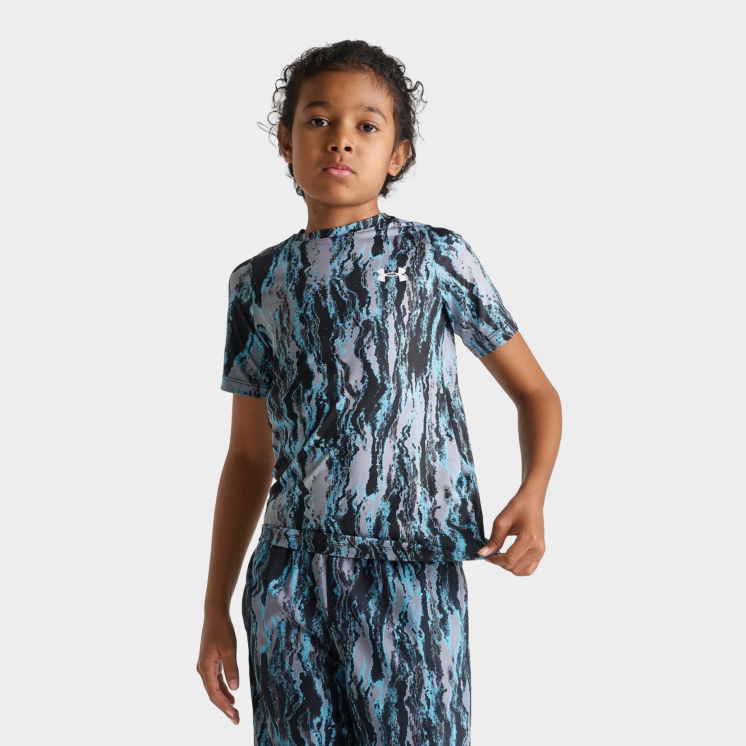 Under Armour Big Kids Tech Print Training T-Shirt in Black/Steel/Fresco Blue Size: Medium