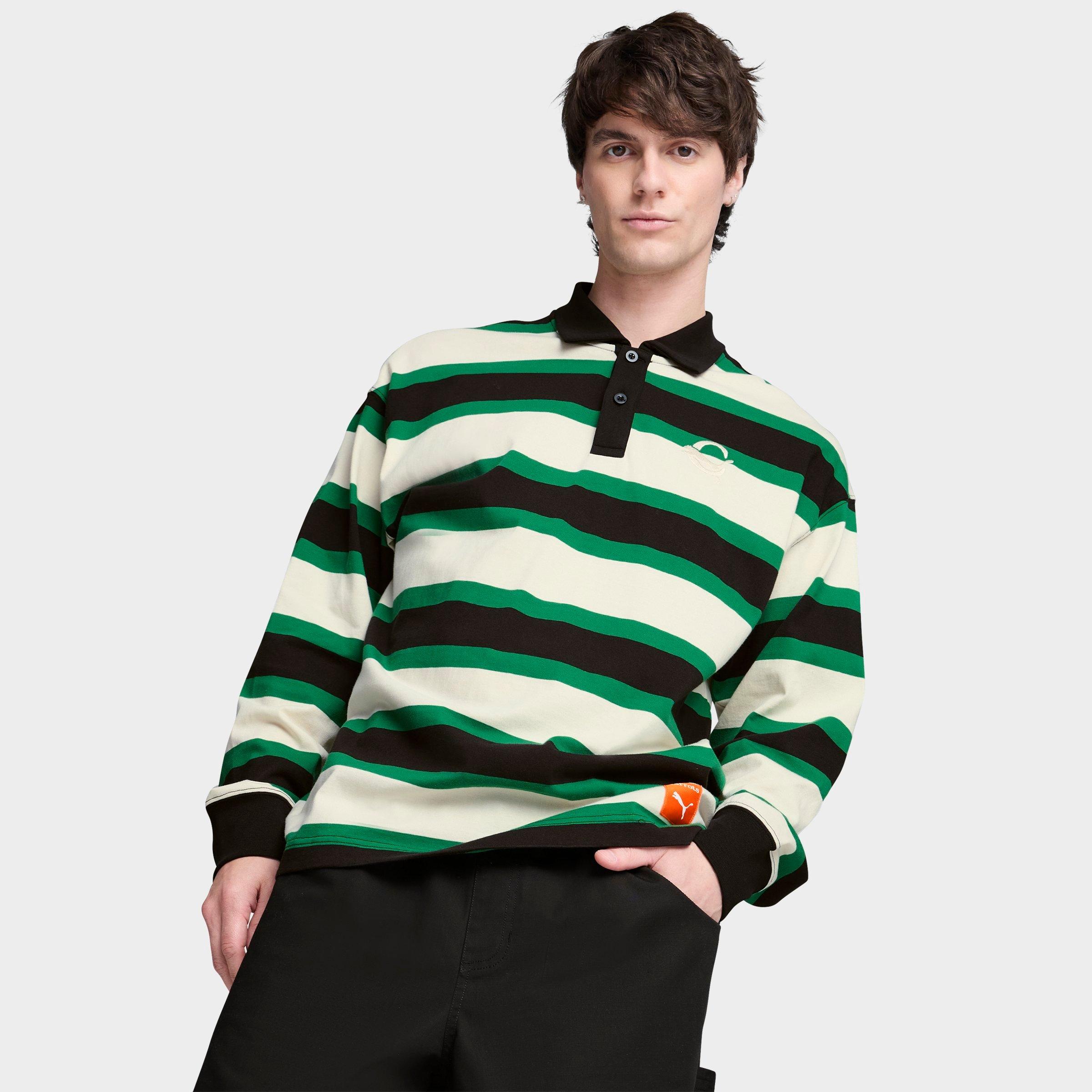 PUMA Men's x Carrots Striped Jersey Long-Sleeve Rugby Shirt in ARCHIVE GREEN Size: Small