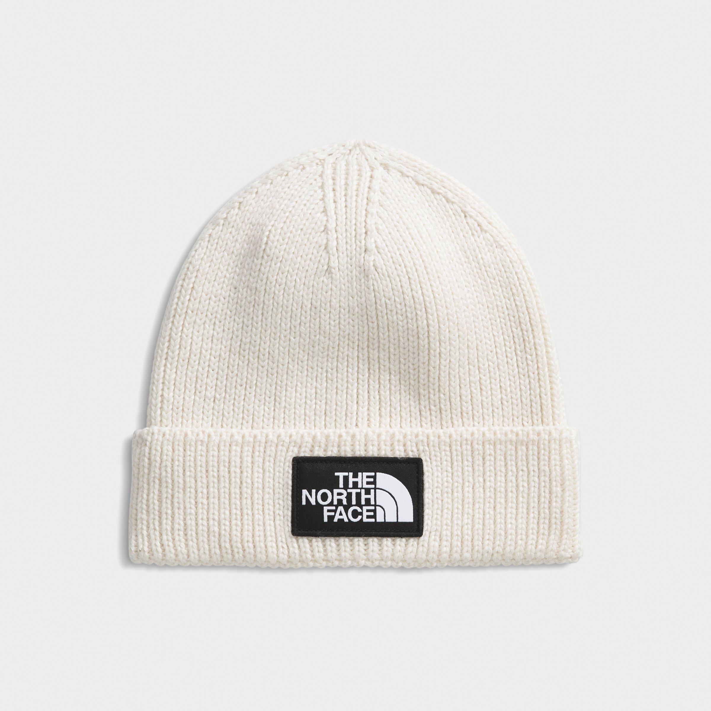 The North Face TNF Logo Box Cuffed Beanie Hat in White Dune