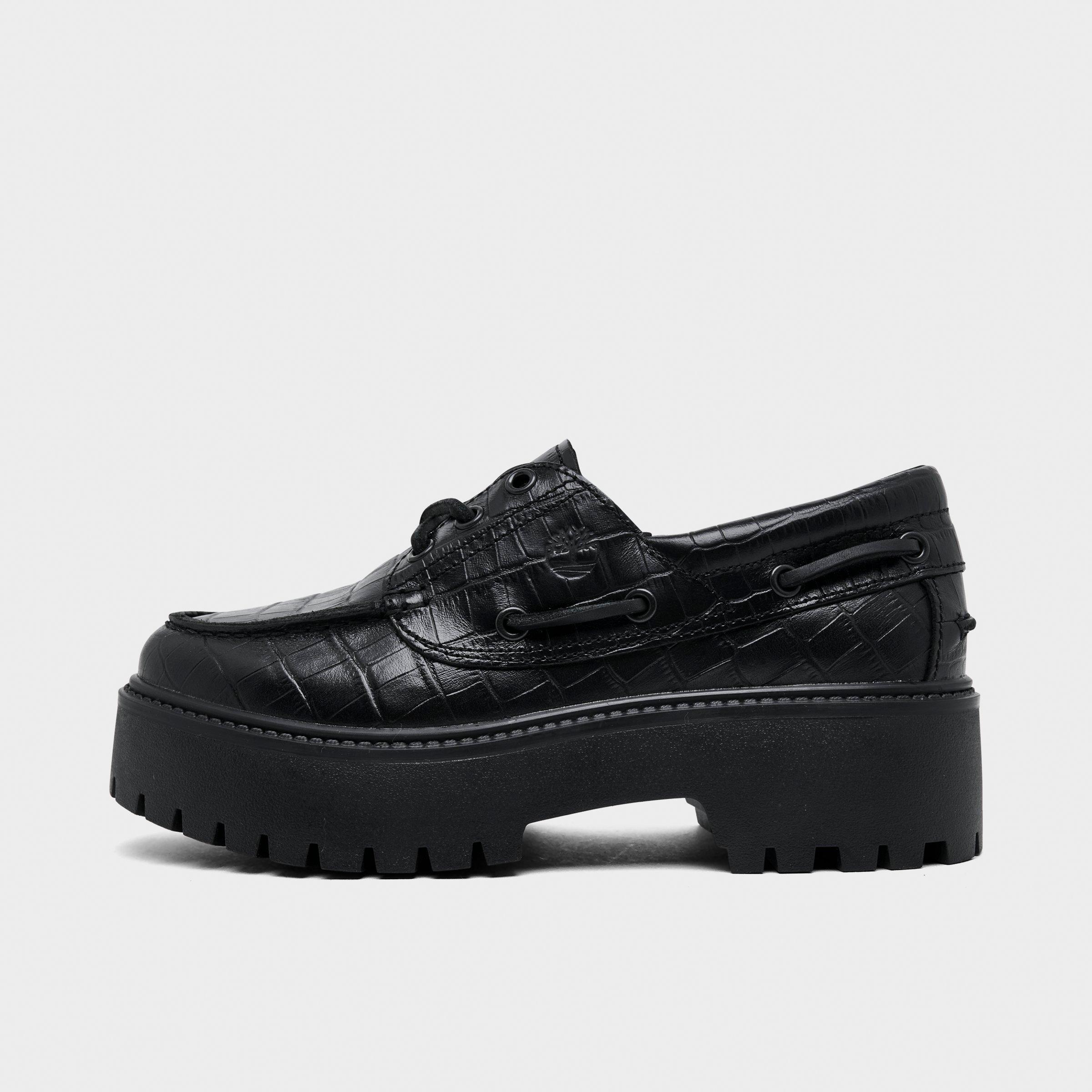 Timberland Women's Stone Street 3-Eye Croc Print Platform Boat Shoes in Black Full-Grain Croc Size: 9.0