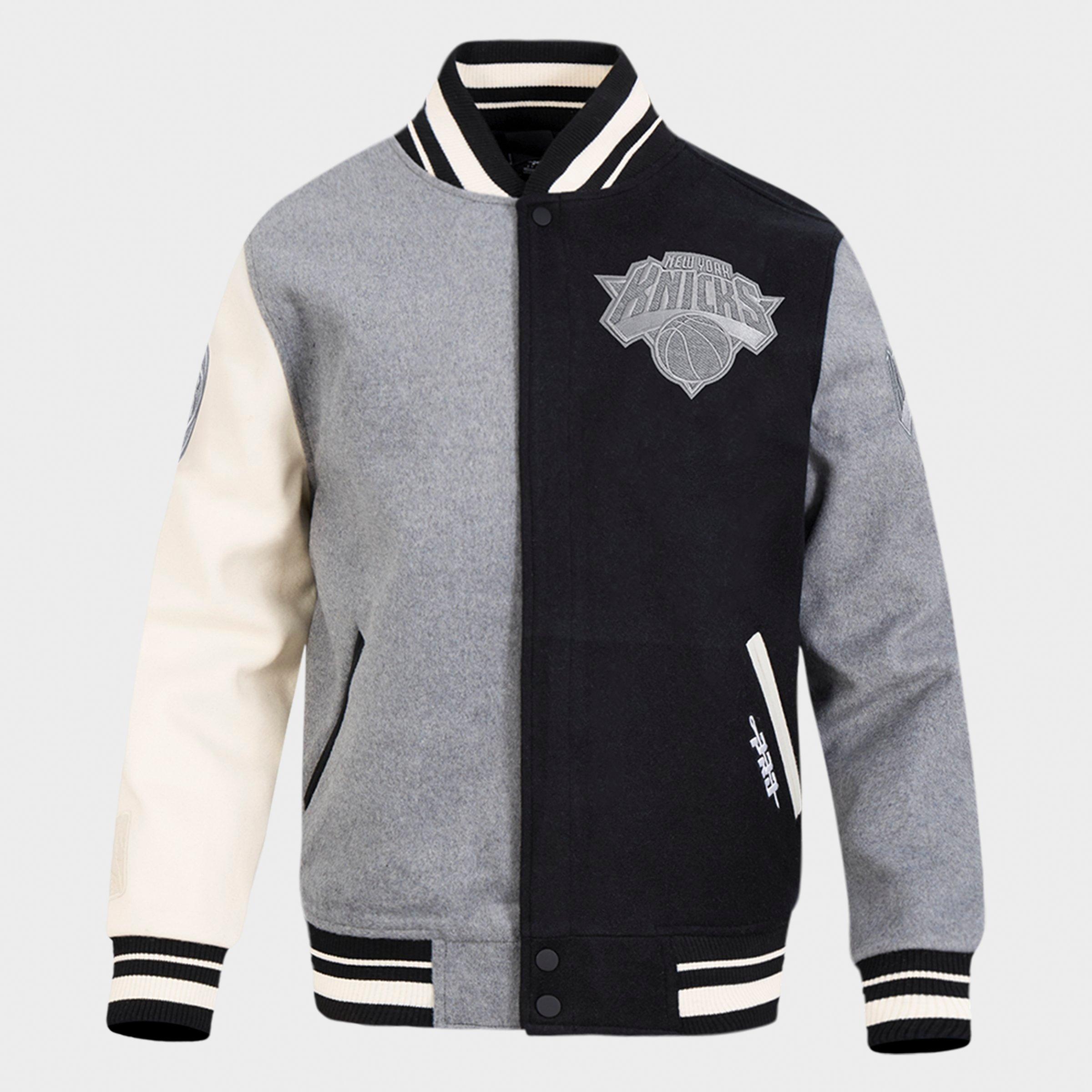 Pro Standard Men's New York Knicks NBA Reverse French Terry Wool Varsity Jacket in Black/Grey/Eggshell Size: XL