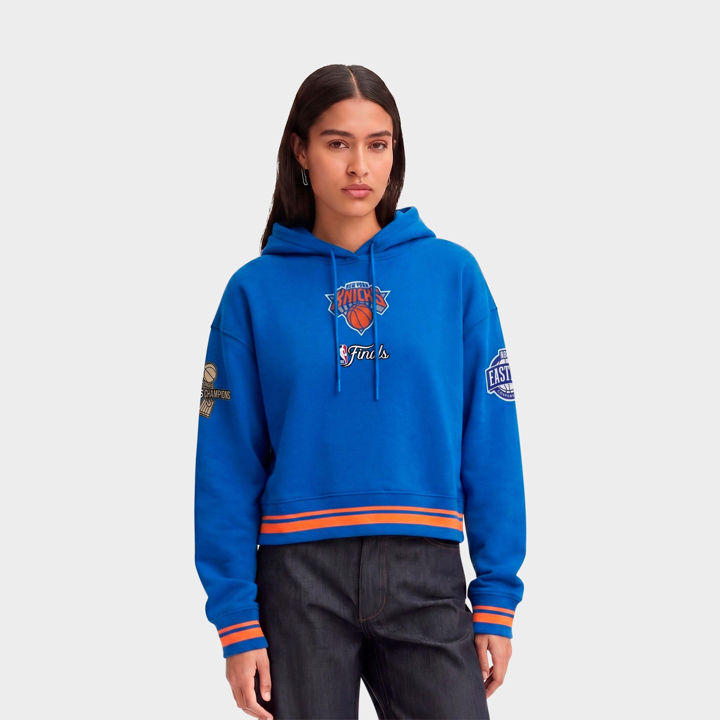 Pro Standard Women's New York Knicks NBA Classic Fleece Cropped Pullover Hoodie in Royal/Orange/Royal Size: Small