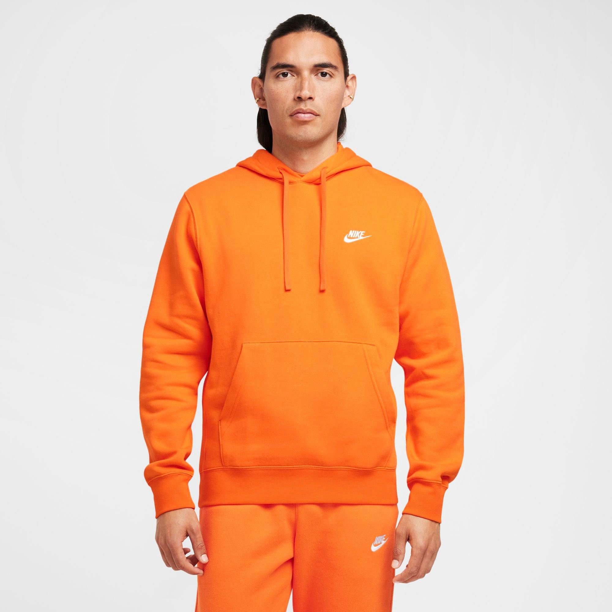 Nike Men's Sportswear Club Fleece Embroidered Hoodie in Safety Orange/Safety Orange/White Size: Medium
