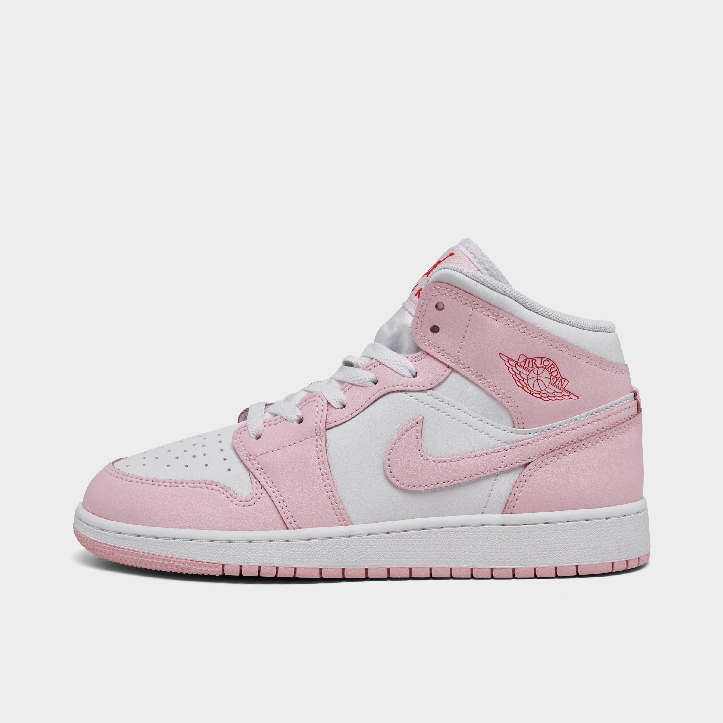 Jordan Big Kids Air Retro 1 Mid Casual Shoes in Pink Foam/Fire Red/White Size: 6.5