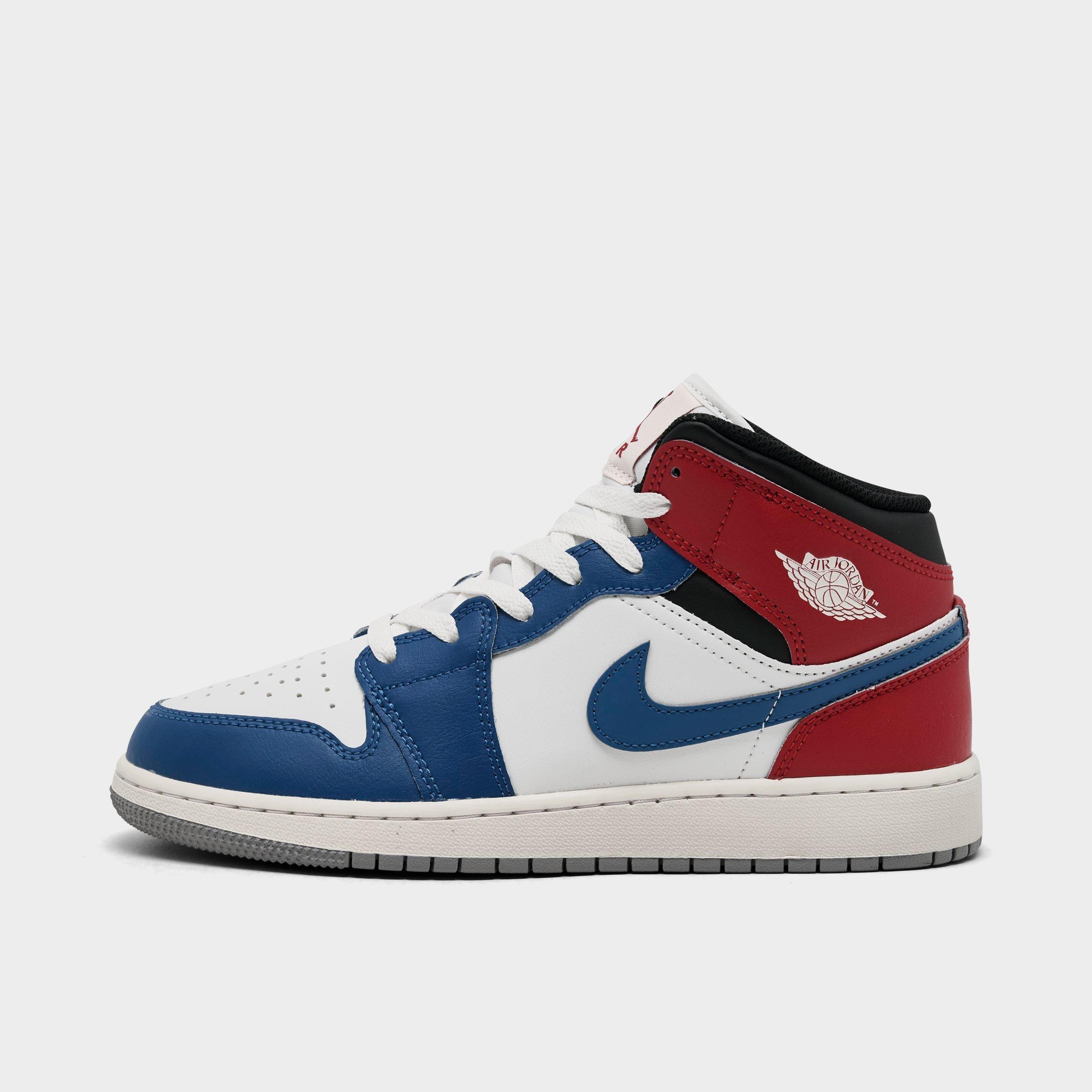Jordan Big Kids Air Retro 1 Mid Casual Shoes in True Blue/Varsity Red/Black Size: 6.0