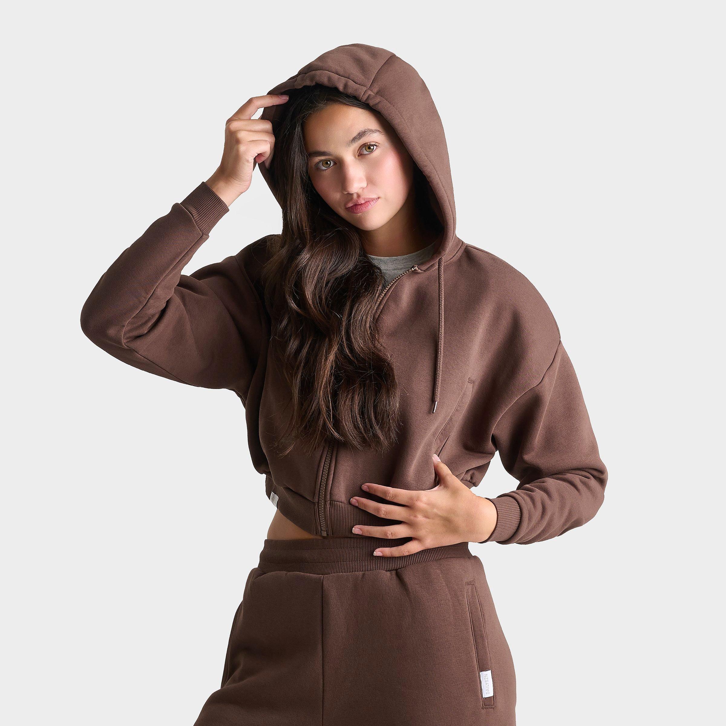 DAILYSZN Women's Fleece Cropped Full-Zip Hoodie in Chestnut Size: XL