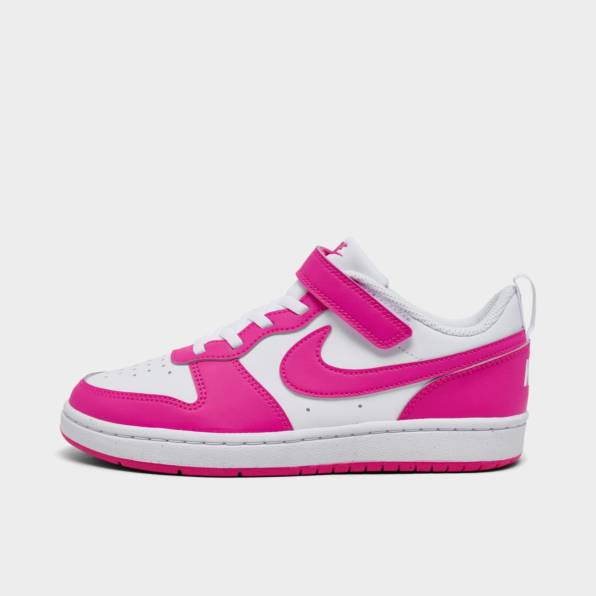Nike Girls Little Kids Court Borough Low Recraft Stretch Lace Casual Shoes in WHITE/LASER FUCHSIA Size: 1.0