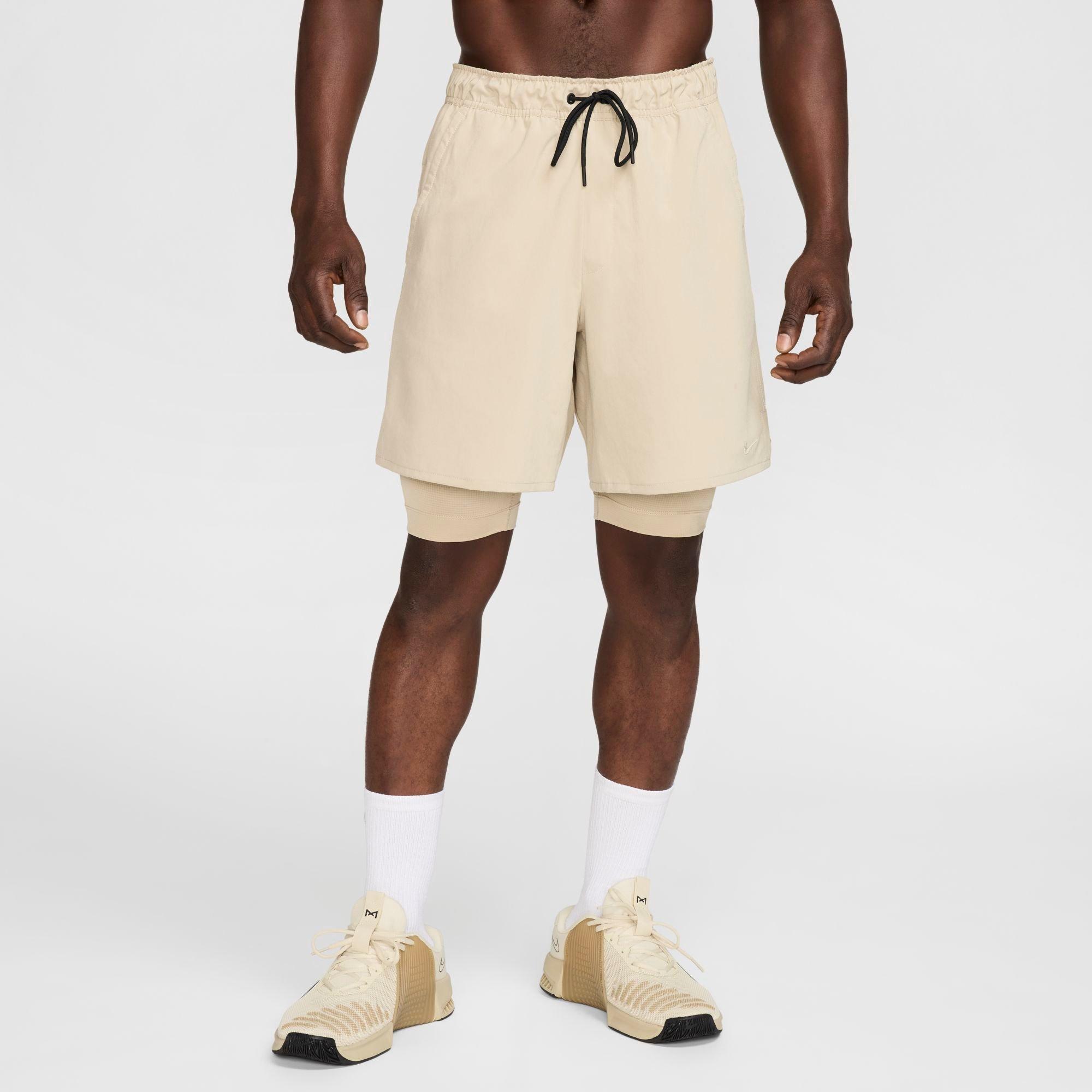 Nike Men's Unlimited Dri-FIT 2-in-1 7" Versatile Shorts in Desert Khaki/Desert Khaki/Black Size: Small