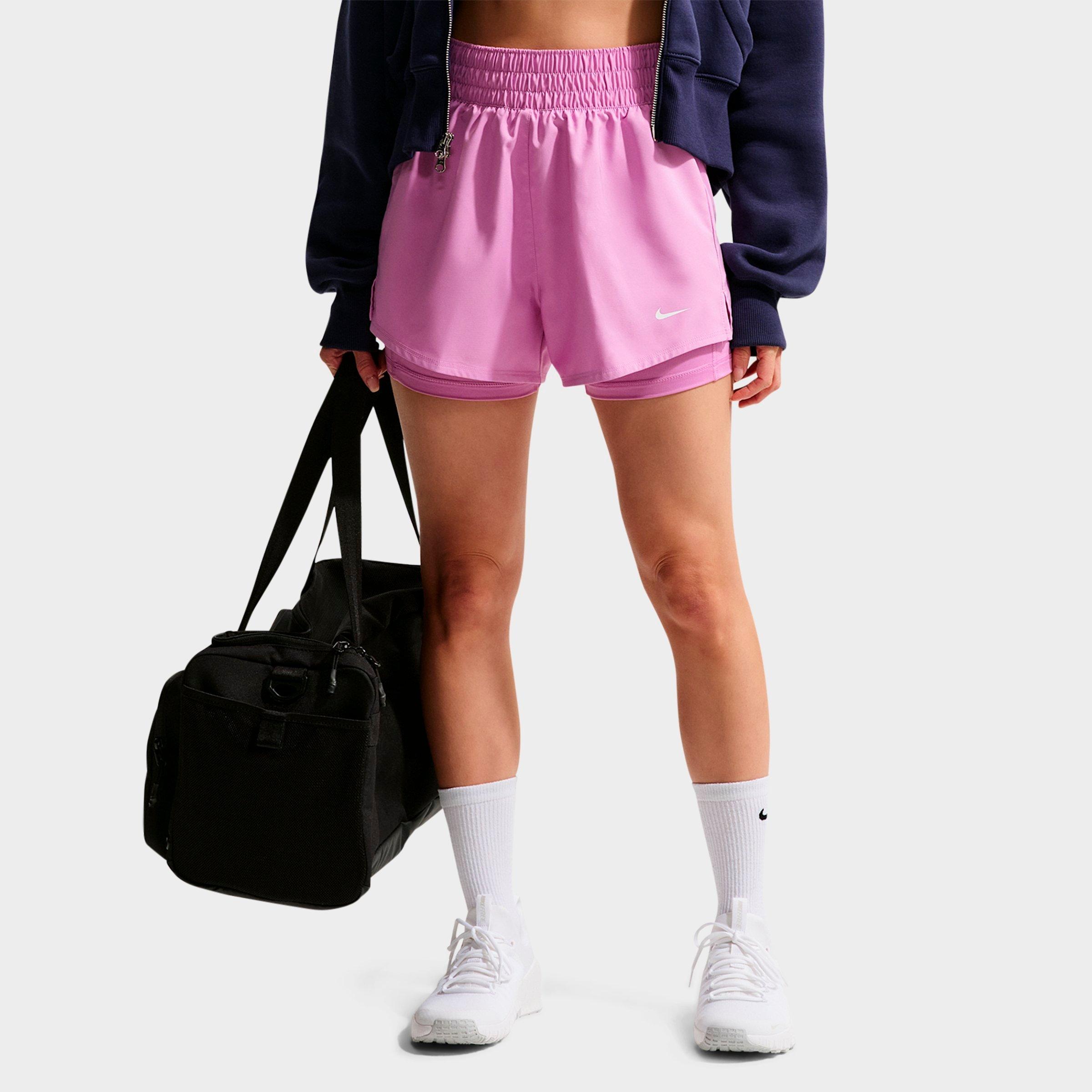 Nike Women's One Fitted Dri-FIT High-Waisted 3-Inch 2-in-1 Shorts in Light Magenta/White Size: Large