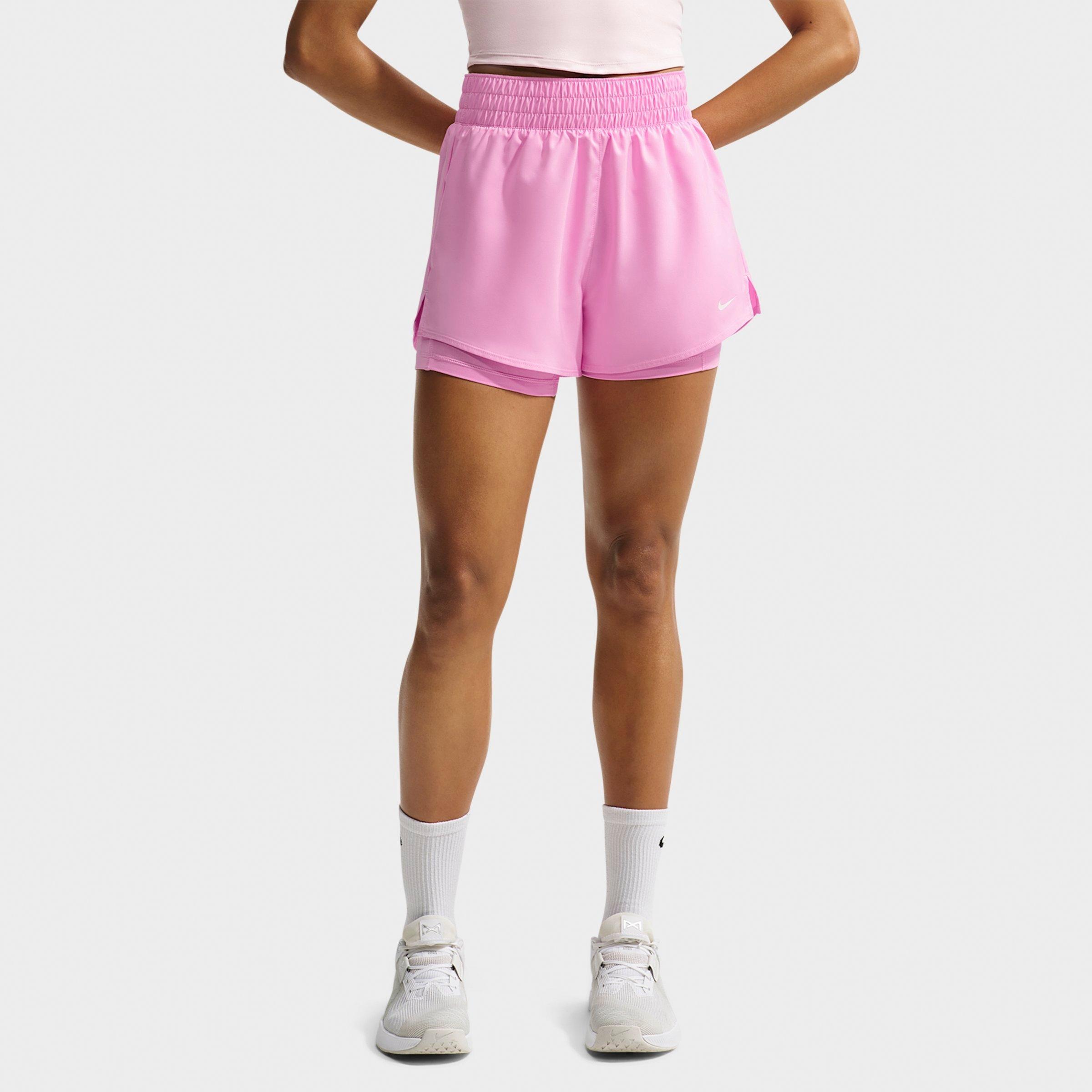 Nike Women's One Fitted Dri-FIT High-Waisted 3-Inch 2-in-1 Shorts in Pink Rise/White Size: Small