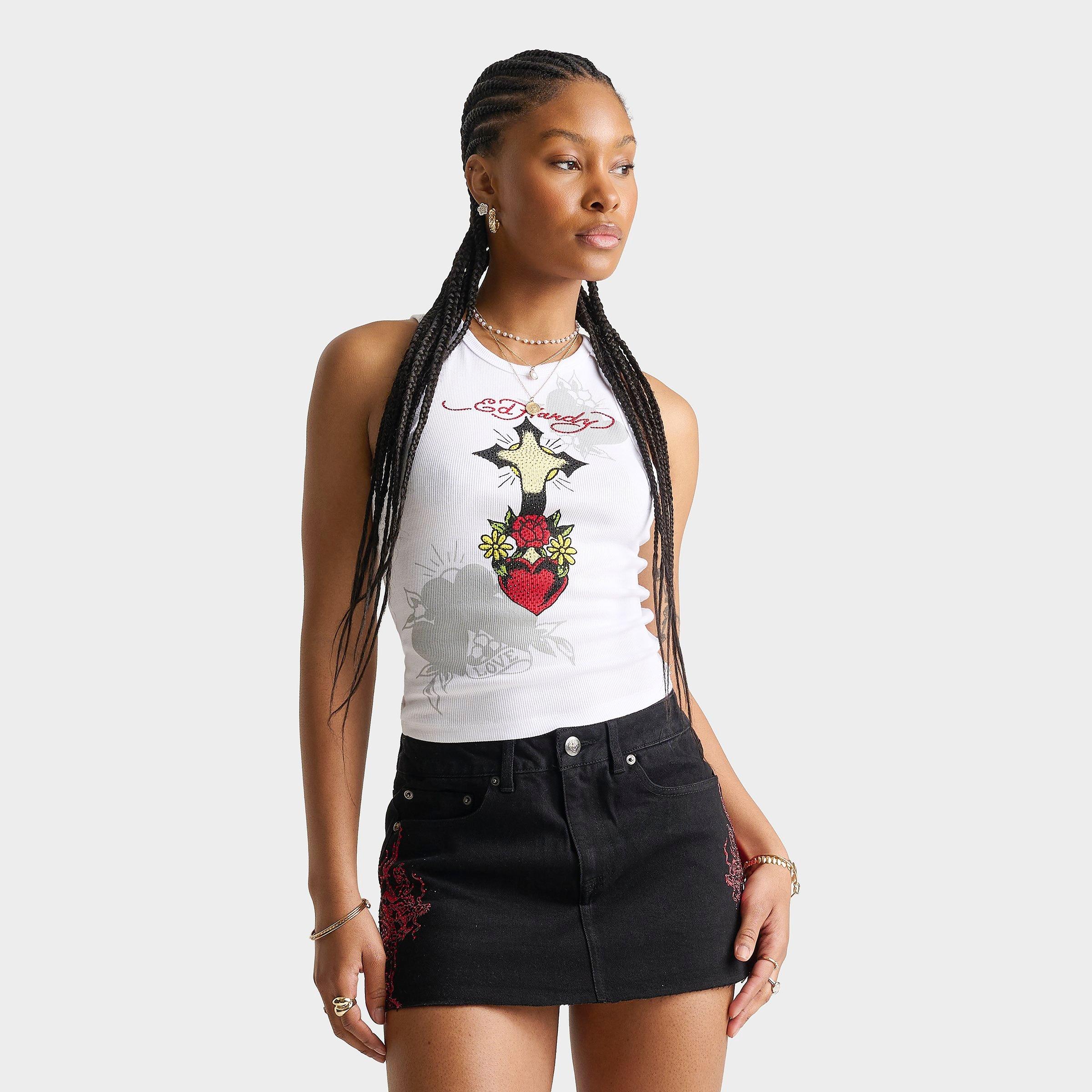 Ed Hardy Womens Cross Heart Rhinestone Tank Top in White Size: Small